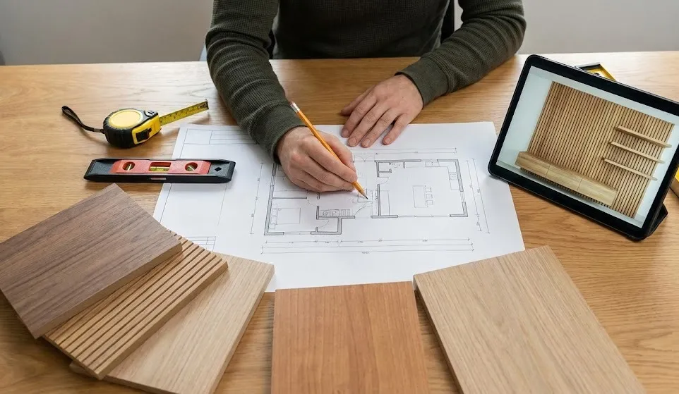 How to create a wooden panel wall with shelves