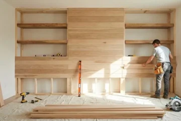 How to create a wooden panel wall with shelves