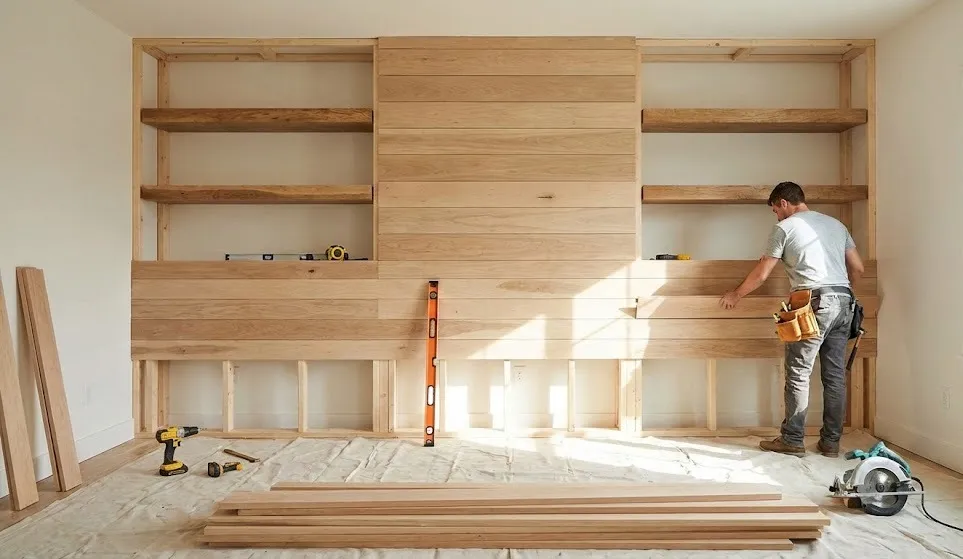 How to create a wooden panel wall with shelves