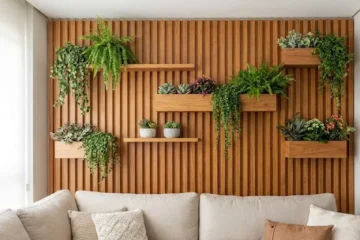 Stylish Wooden Slat Plant Wall with Assorted Greenery