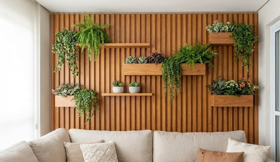 Stylish Wooden Slat Plant Wall with Assorted Greenery